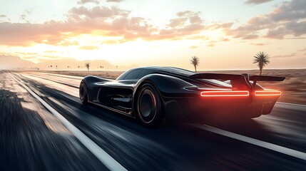 Sleek black sports car races into the sunset on a desert highway, cinematic shot