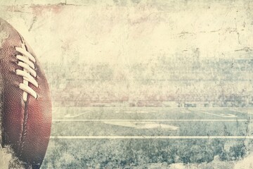 American football sits near the field in distressed vintage image