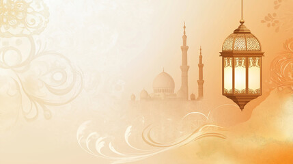 Golden lantern hanging with a mosque silhouette in the soft glow of sunset. AI Generated Images