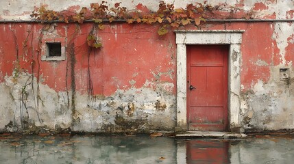 Naklejka premium Striking red door set against a textured wall adding bold character and unique charm to the architectural design