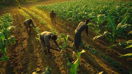 Obraz premium Farmers working in green cornfield at sunrise
