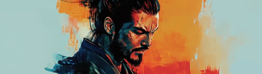 Minimalist samurai portrait, strong bold lines, deep shadows, reinterpreting traditional Japanese ink painting with modern graphic style