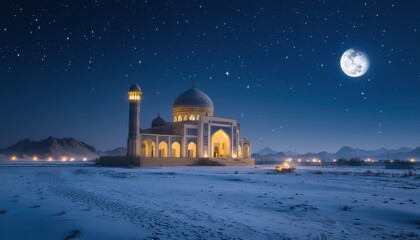 Illuminated Mosque in Snowy Desert Under Starlit Night Sky
