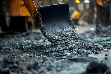 Close-up of asphalt being poured during road construction, conveying infrastructure work
