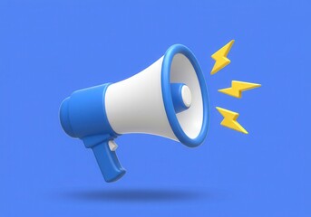 3D blue and white megaphone with yellow lightning bolts symbolizing a loud announcement