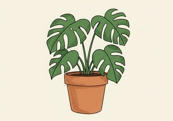 Fototapeta premium Hand-drawn illustration of a potted Monstera plant with large green leaves in a terracotta pot