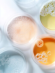 Colorful petri dishes with liquid and bubbles on light background