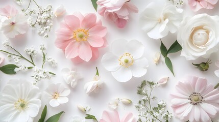 Overhead view of assorted elegant flowers on white background