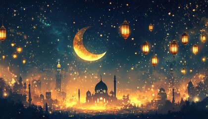 Golden Crescent Moon and Glowing Lanterns Over Illuminated City at Night