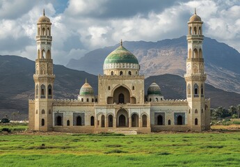 Obraz premium Majestic mosque in arid landscape with mountains.