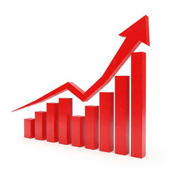business graph with red arrow. Red upward arrow graph showing rising trend on white background.