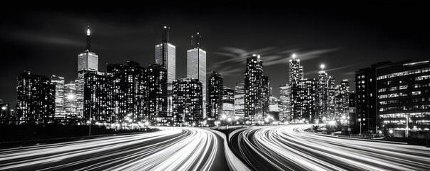 City skyline glows at night with trails of moving cars