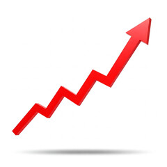 business graph with red arrow. Red upward arrow graph showing rising trend on white background.