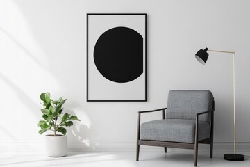 Minimalist living room with armchair, plant, and black circle art.