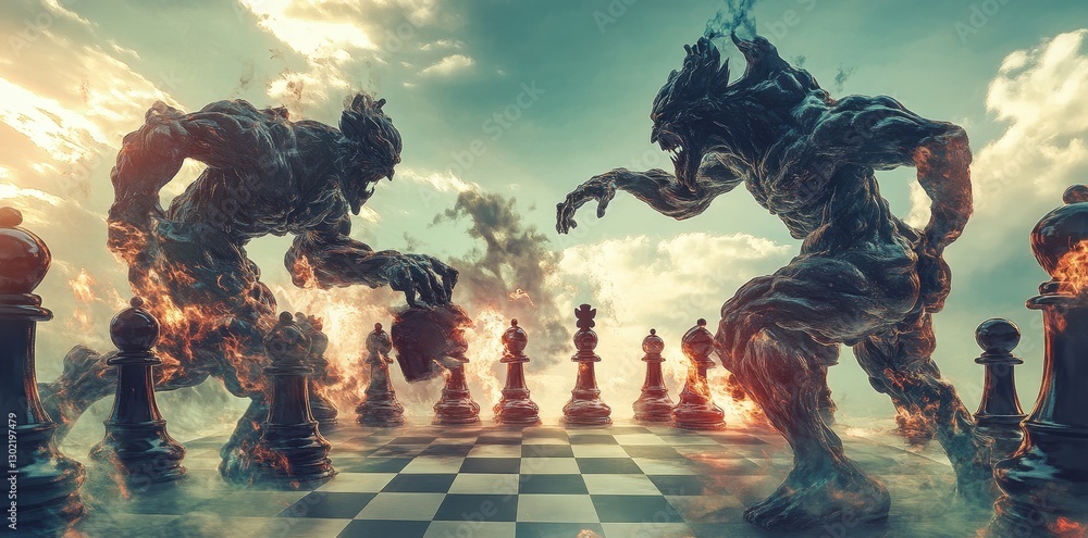 Poster two monstrous figures playing a game of chess on a board