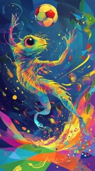 Obraz premium A colorful lizardlike creature dances with a football above
