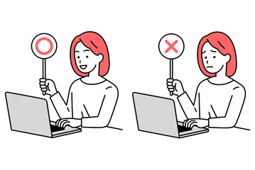 ノートパソコンを使いながら○×マークをあげるカジュアルな女性