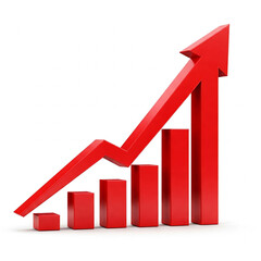 business graph with red arrow. Red upward arrow graph showing rising trend on white background.