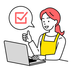 ノートパソコンを使いながら完了の合図をするエプロン姿の女性