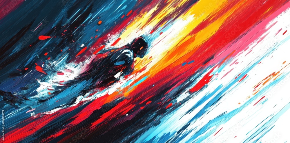 Poster an abstract depiction of a figure moving rapidly through space