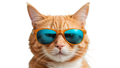 close-up of a goofy ginger cat sporting shades, all on a light cyan backdrop. There's space for your message!