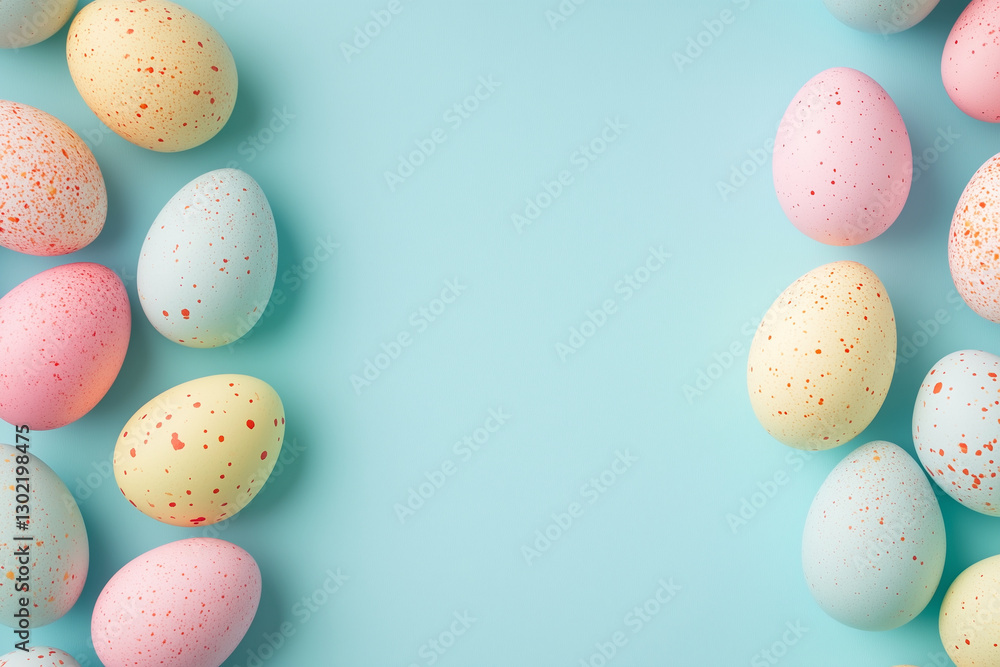 Poster blue background with a row of colorful eggs on it. the eggs are in different colors and sizes, and t