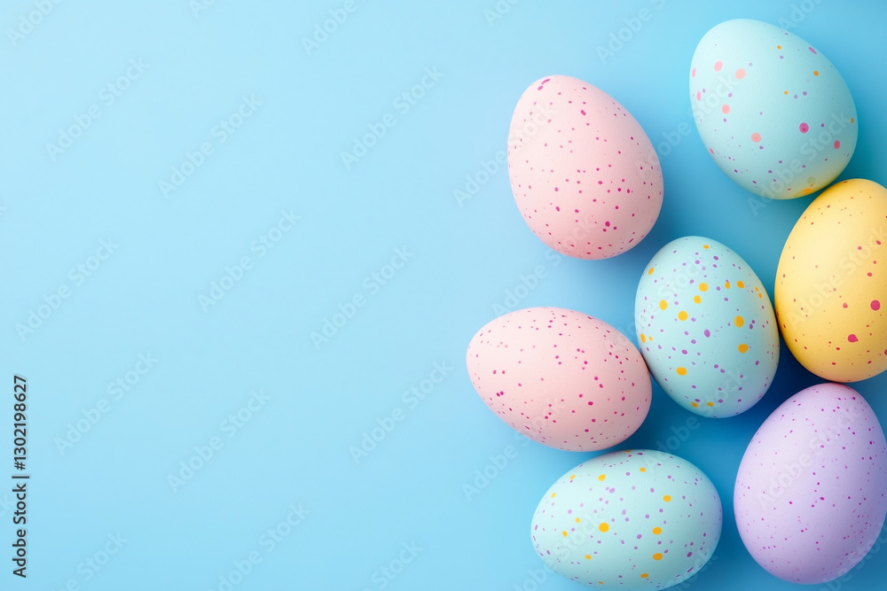 Poster blue background with a bunch of colorful eggs on it. the eggs are in different colors and sizes, and