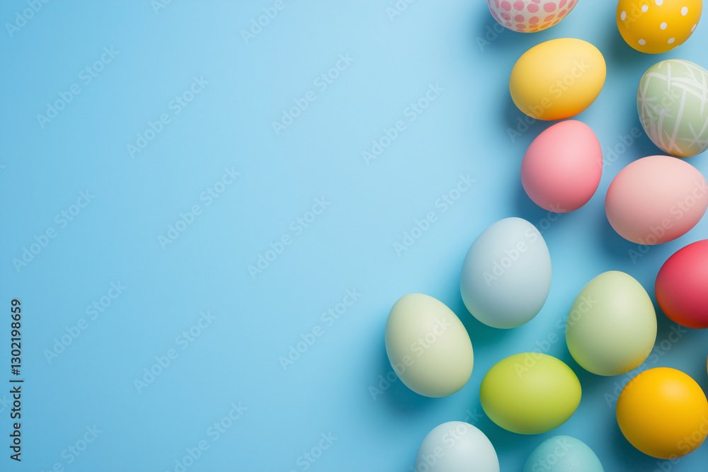 Poster blue background with a bunch of colorful eggs. the eggs are in various colors and sizes, and they ar