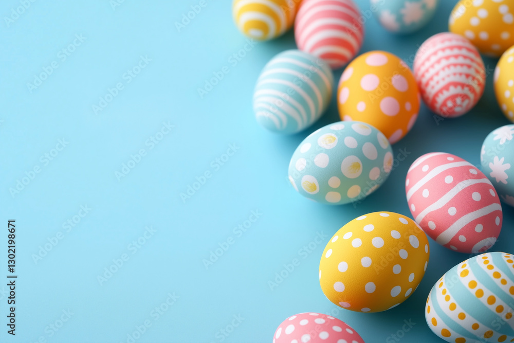 Poster blue background with a bunch of colorful eggs with polka dots on them. the eggs are arranged in a wa