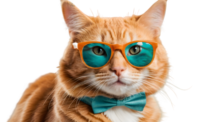 close-up of a goofy ginger cat sporting shades, all on a light cyan backdrop. There's space for your message!