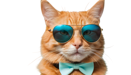 close-up of a goofy ginger cat sporting shades, all on a light cyan backdrop. There's space for your message!
