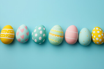 Fototapeta premium row of painted eggs with hearts and polka dots. The eggs are in various colors and sizes, and they are arranged in a line. Concept of creativity and playfulness