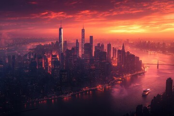 Naklejka premium dramatic aerial perspective of illuminated urban skyline at golden hour, with skyscrapers silhouetted against vibrant orange-purple sky, reflecting in river below as city lights begin to twinkle