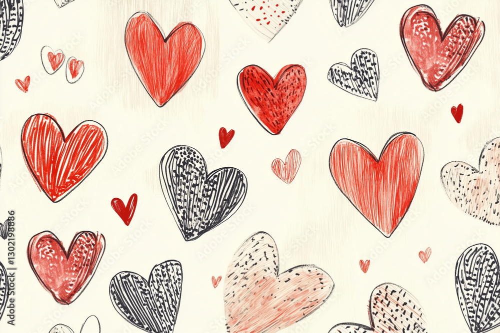 Poster beautiful and intricate design of hearts, with some of them being red and black. the hearts are arra