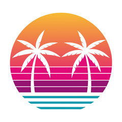 Obraz premium Sunset Paradise Retro Palm Silhouette Vector Illustration