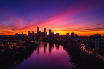 Naklejka premium dramatic aerial perspective of illuminated urban skyline at golden hour, with skyscrapers silhouetted against vibrant orange-purple sky, reflecting in river below as city lights begin to twinkle