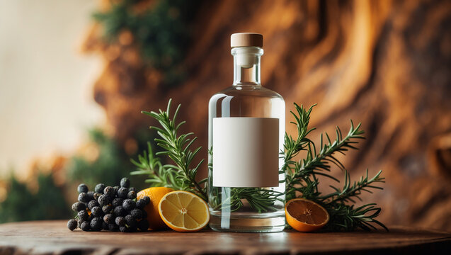 Elegant gin bottle with blank label, surrounded by fresh rosemary, juniper berries, and citrus slices on a rustic wooden surface. Premium alcohol branding concept