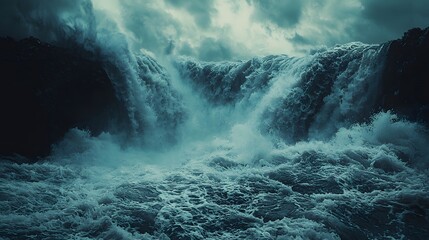 Fototapeta premium Stunning waterfall flowing gracefully over cliff edge with pristine waters and surrounded by tall lush vegetation