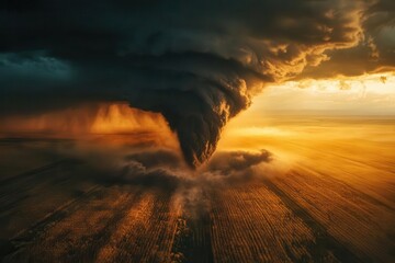 Fototapeta premium dramatic aerial view of tornado forming over rural farmland, dark supercell clouds swirling ominously against golden wheat fields at sunset