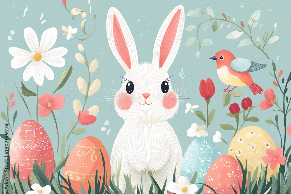 Poster cartoon rabbit is standing in a field of flowers and eggs. the rabbit is looking at the camera with 