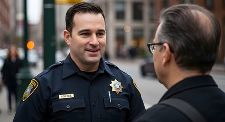 Police Officer Engaging in Community Interaction on a Busy Urban Street