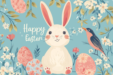 Obraz premium rabbit is sitting on a bed of Easter eggs. The bunny is smiling and the eggs are scattered around it. The image has a happy and festive mood, perfect for Easter celebrations