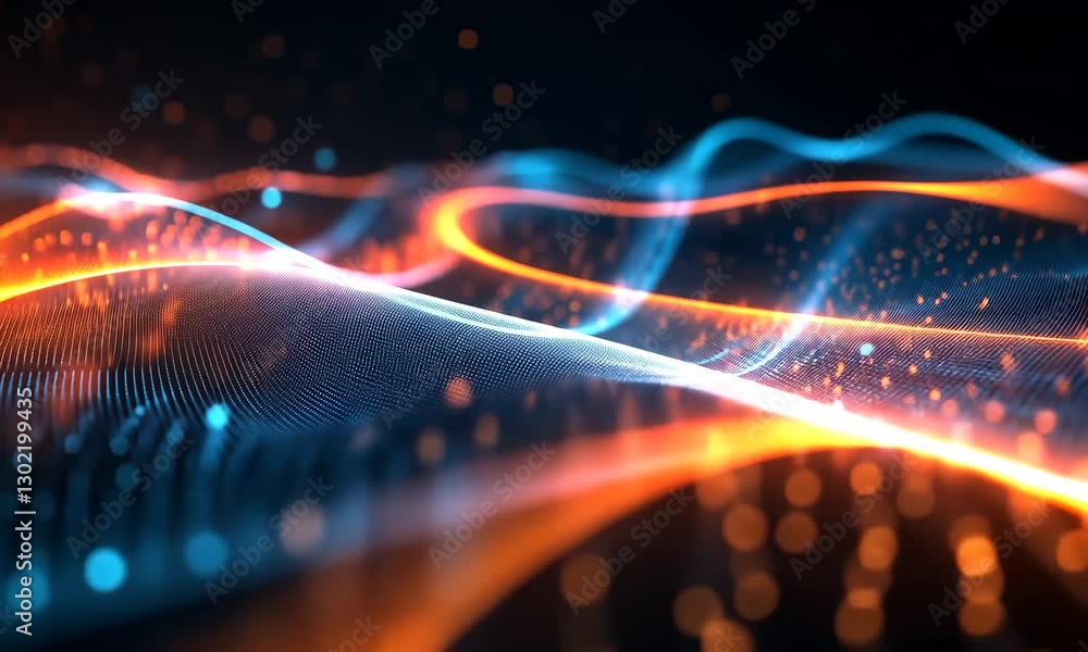 Poster abstract technology background with glowing particles and wavy lines