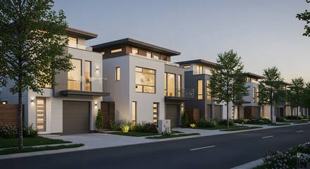 Fototapeta premium Modern Residential Homes in a Suburban Neighborhood at Twilight