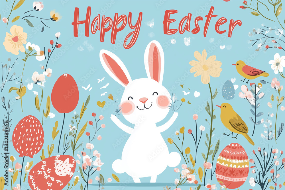 Poster rabbit is standing in a field of flowers with a sign that says happy easter. the rabbit is smiling a