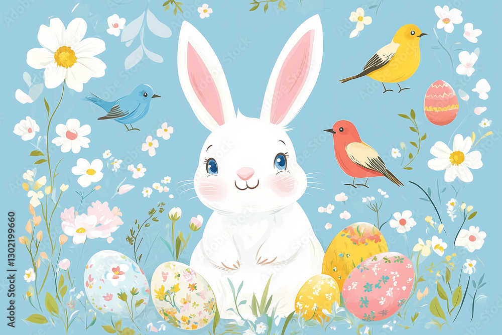 Poster cartoon rabbit is sitting on a field of flowers and eggs. the rabbit is smiling and surrounded by bi