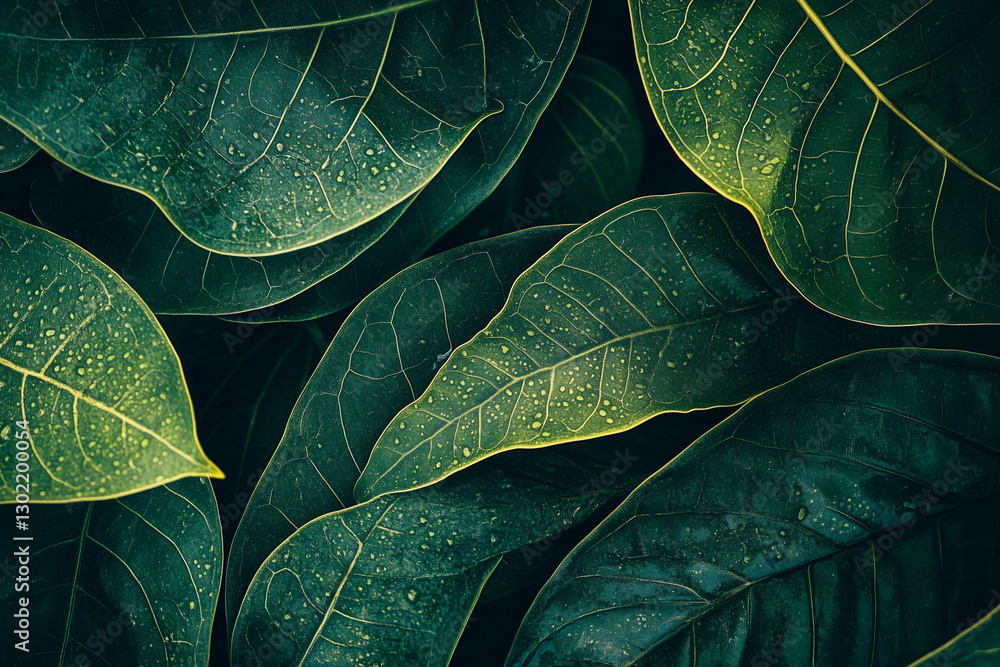 Poster close up of green leaves with water droplets on them. the leaves are arranged in a way that creates 