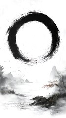 Ink Circle, Misty Mountain Landscape
