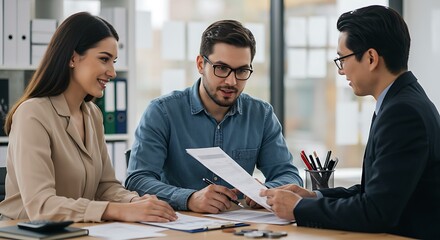Couple Meeting Advisor Signing Legal Document in a Bright Office