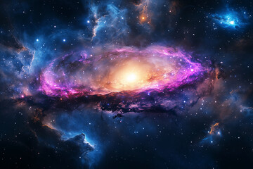 galaxy with a large purple and blue star in the center. The galaxy is filled with stars and space